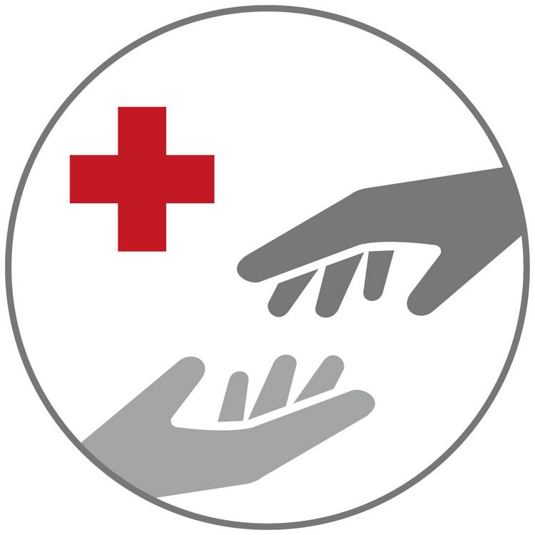 Ein Piktogramm zweier Hände symbolisiert den DRK-Grundsatz der Menschlichkeit.