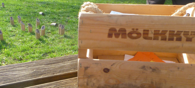 Aufgebautes Spielfeld mit Outdoor-Holz-Spiel.