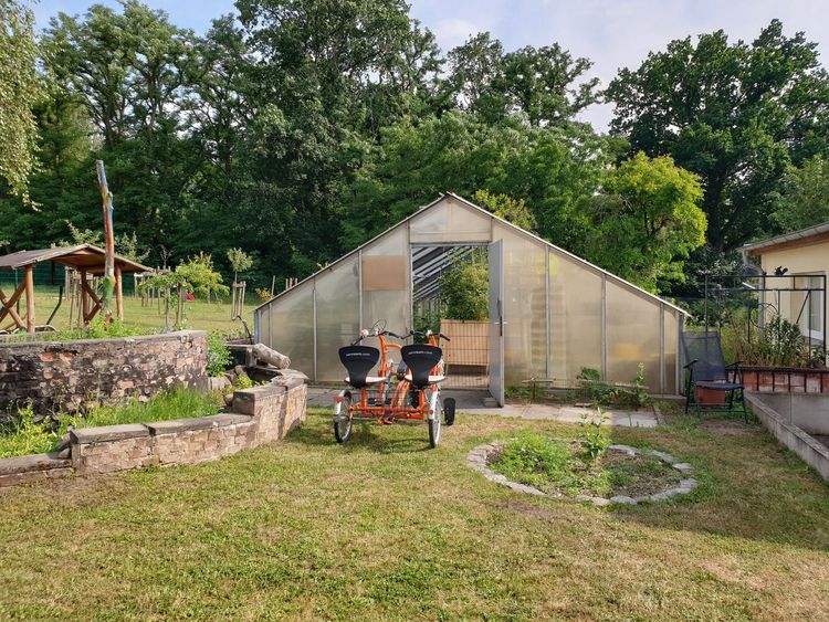 Man sieht das Gewächshaus des Quellenhof im Garten.